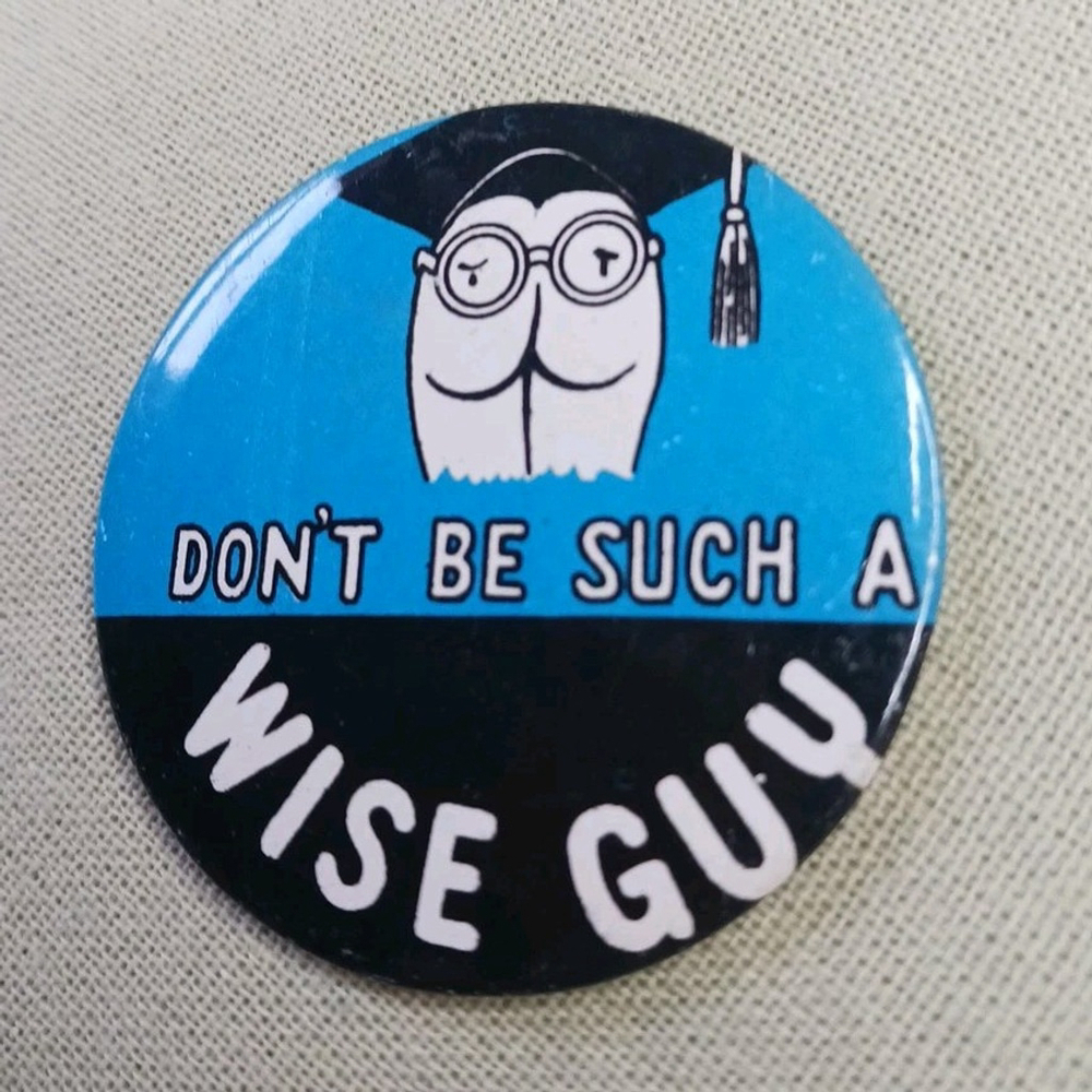 Vintage Blue Black Wise Guy Button Pin Japan